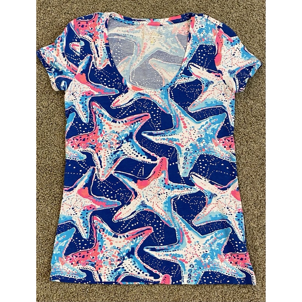 Lilly Pulitzer Dori‎ T-Shirt Indigo Star Struck Print Blue Pink Size XS